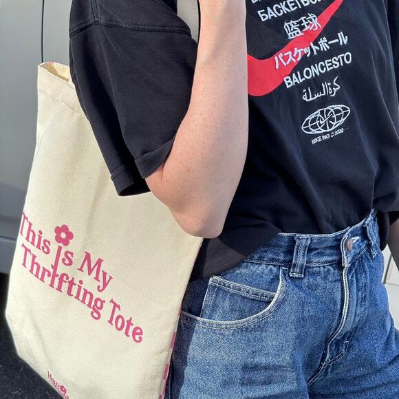 “This Is My Thrifting Tote” Pink Checkered Canvas Tote Bag - Picture 7 of 8